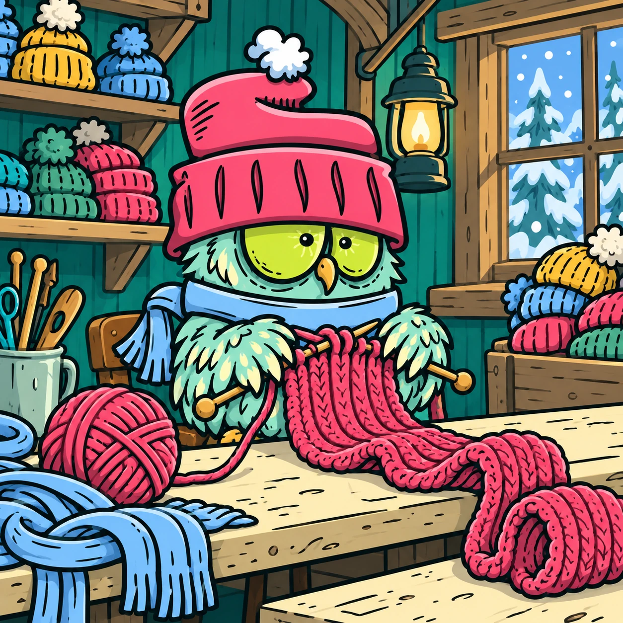 Hoot knitting an absurdly long pink hat at his workbench