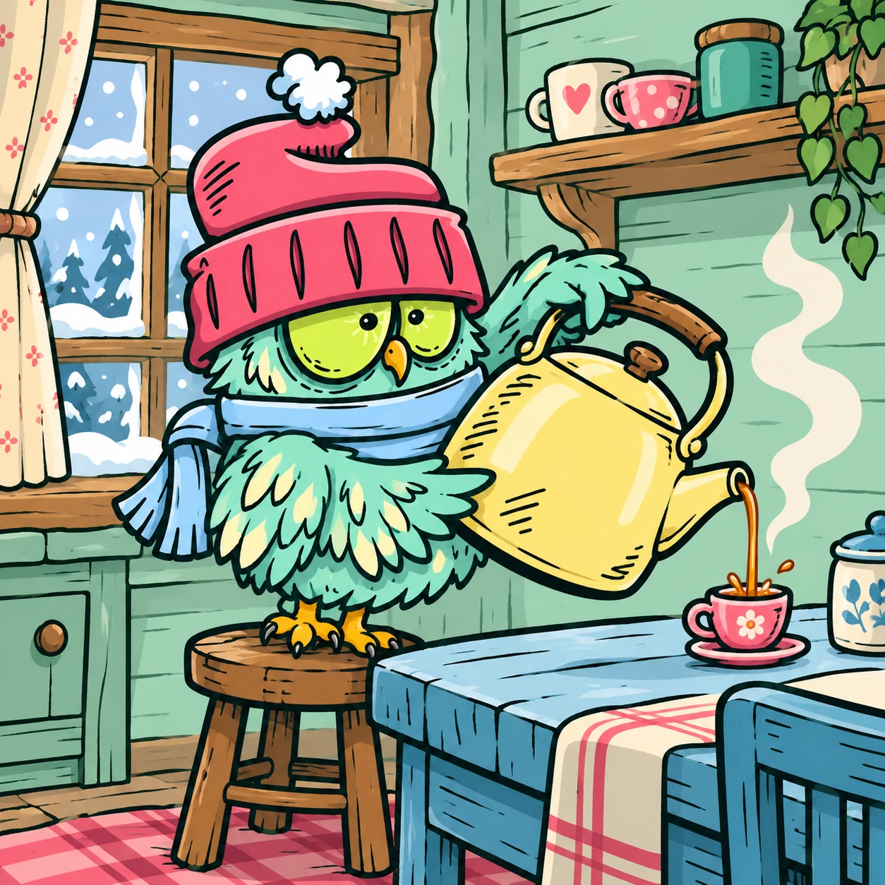 Hoot pouring a giant kettle into a tiny pink teacup