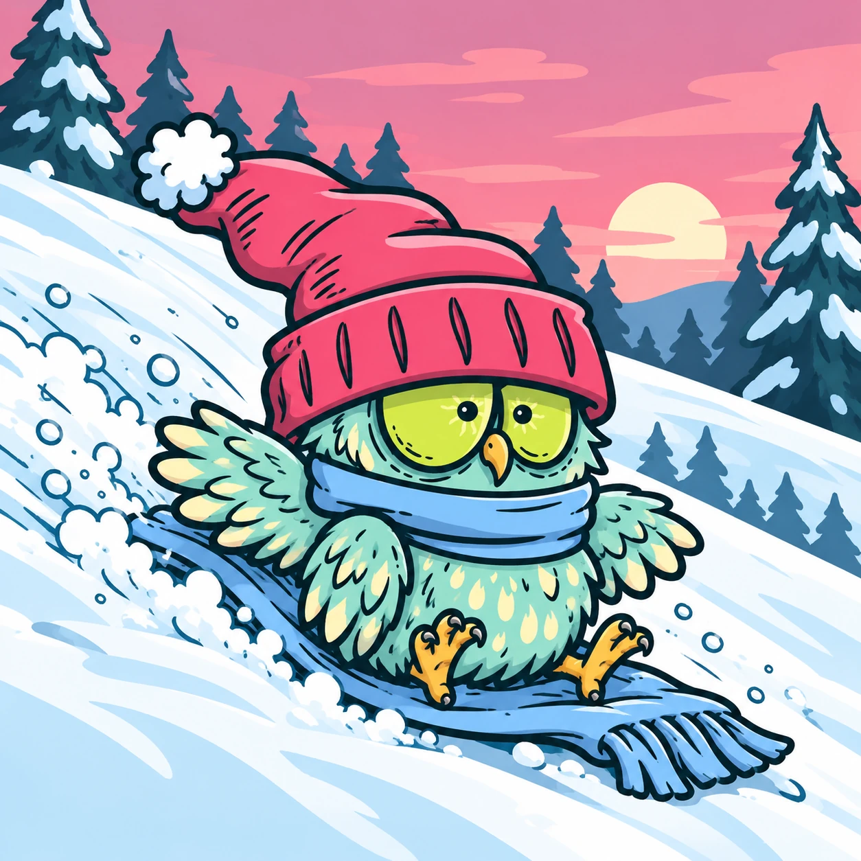 Sleepy Hoot sledding downhill on his own blue scarf