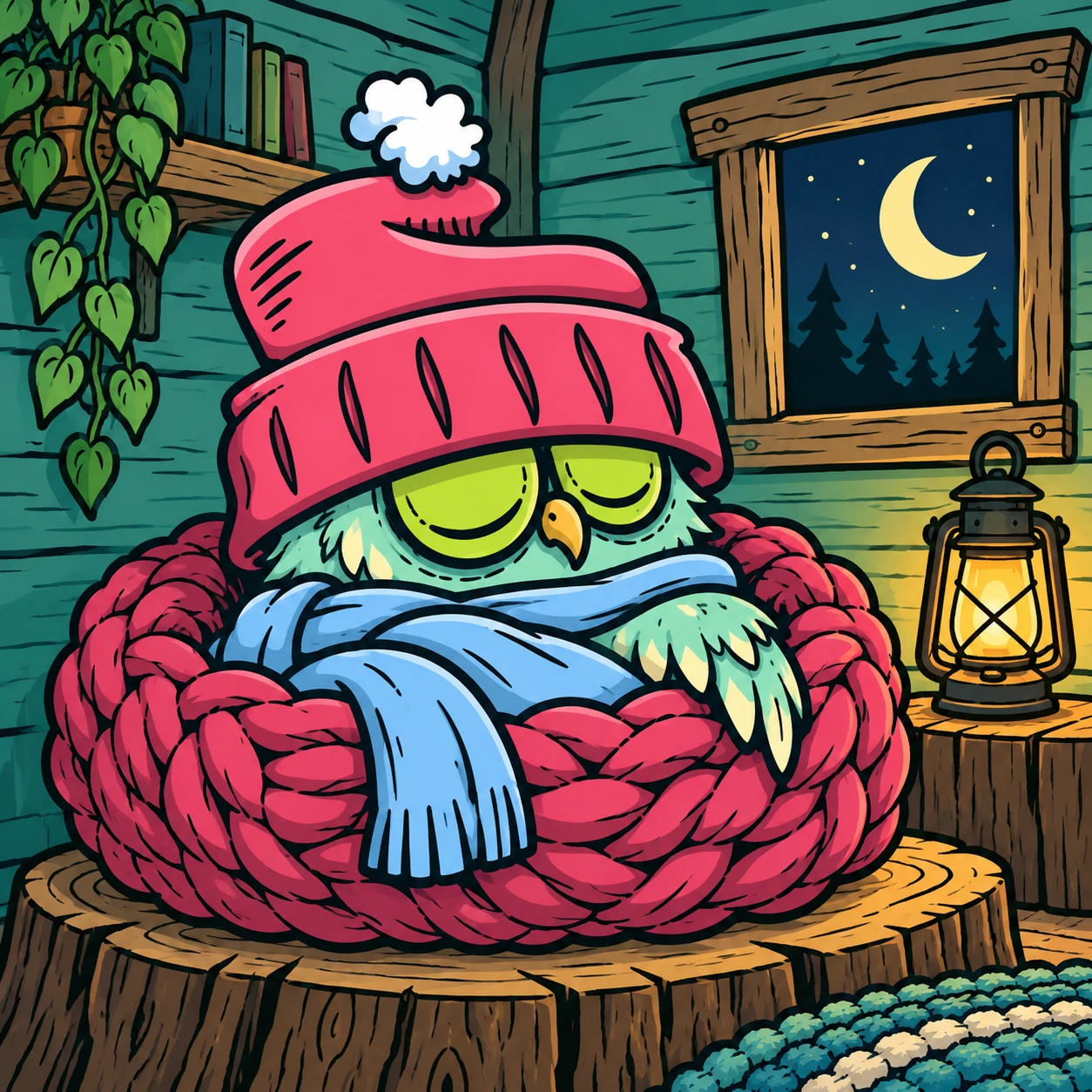 Hoot sleeping in a soft pink yarn nest with his blue scarf as a blanket