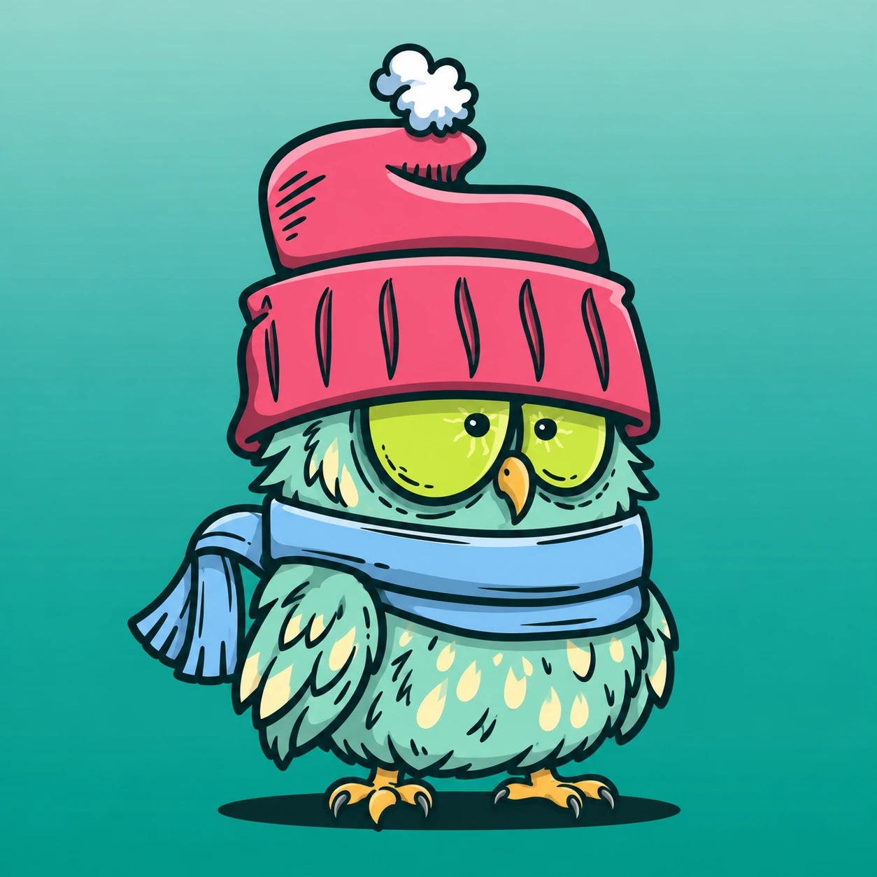 Hoot, a sleepy mint owl in a huge pink beanie and blue scarf